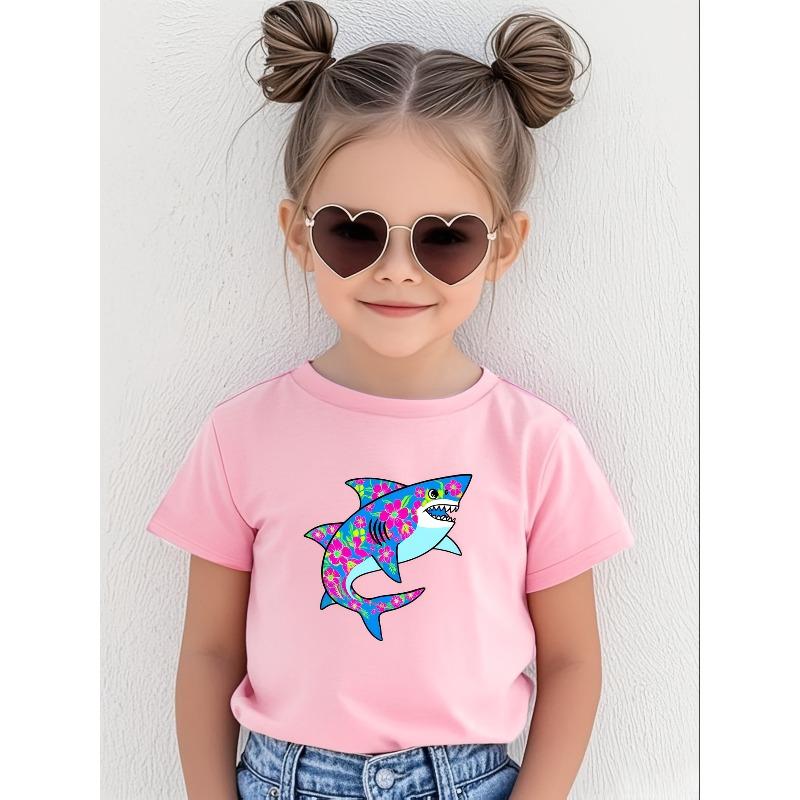 European Sizes [Girls' T-Shirt]  Girls' Outdoor T-Shirts - Casual & Stylish Cartoon Shark Print Top
