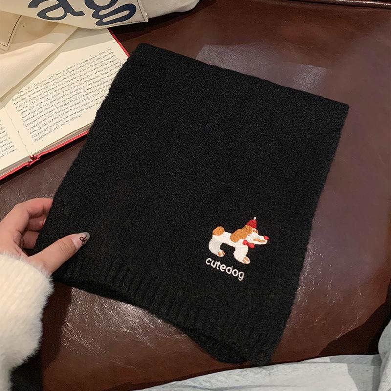 Japanese Cute Puppy Embroidered Scarf Women's Autumn and Winter New Warm Versatile College Style Knitted Scarf Tide
