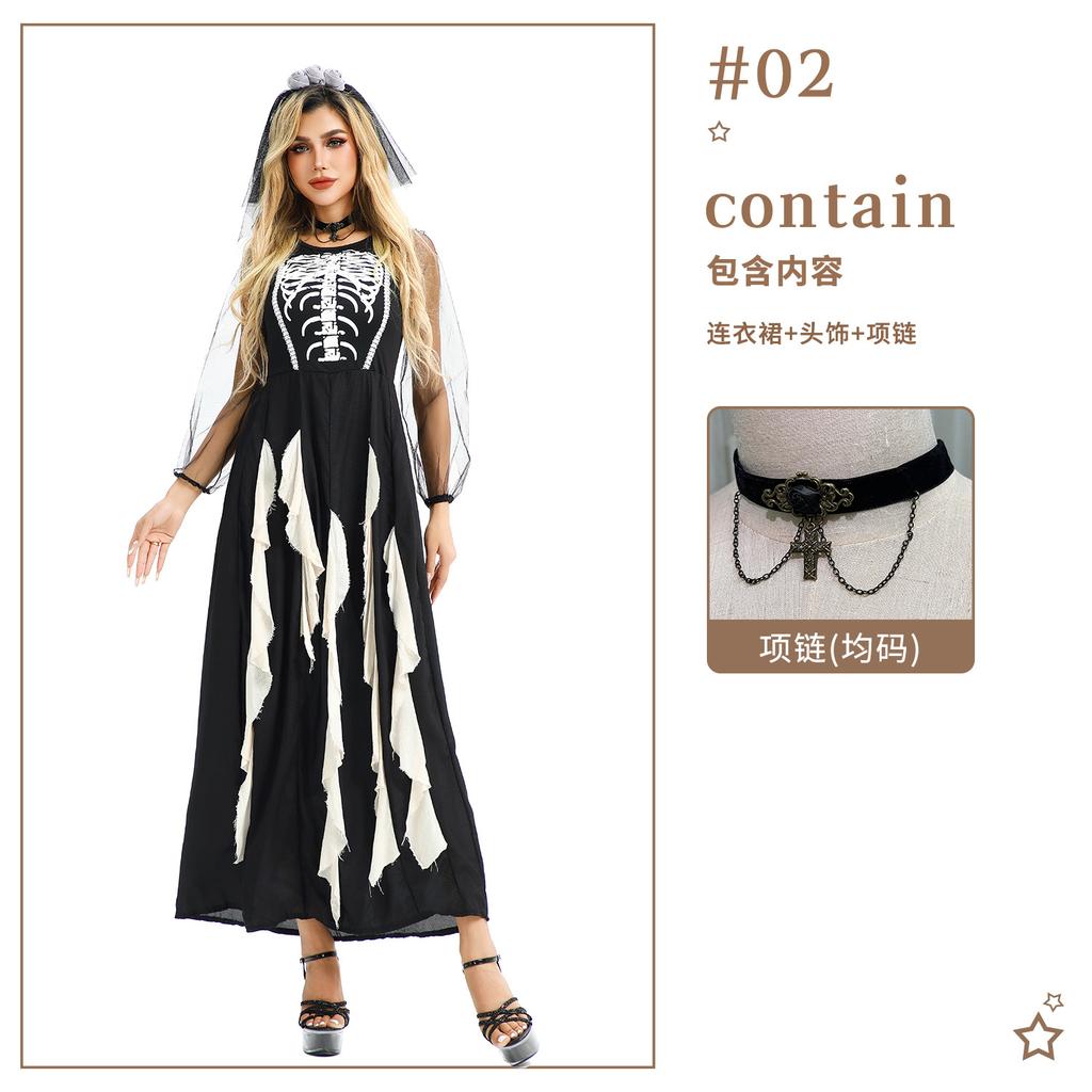 Halloween Costumes Euro-American Gothic Demon Ghost Bride Dress Dark Ghost Vampire Horror Skull Zombie