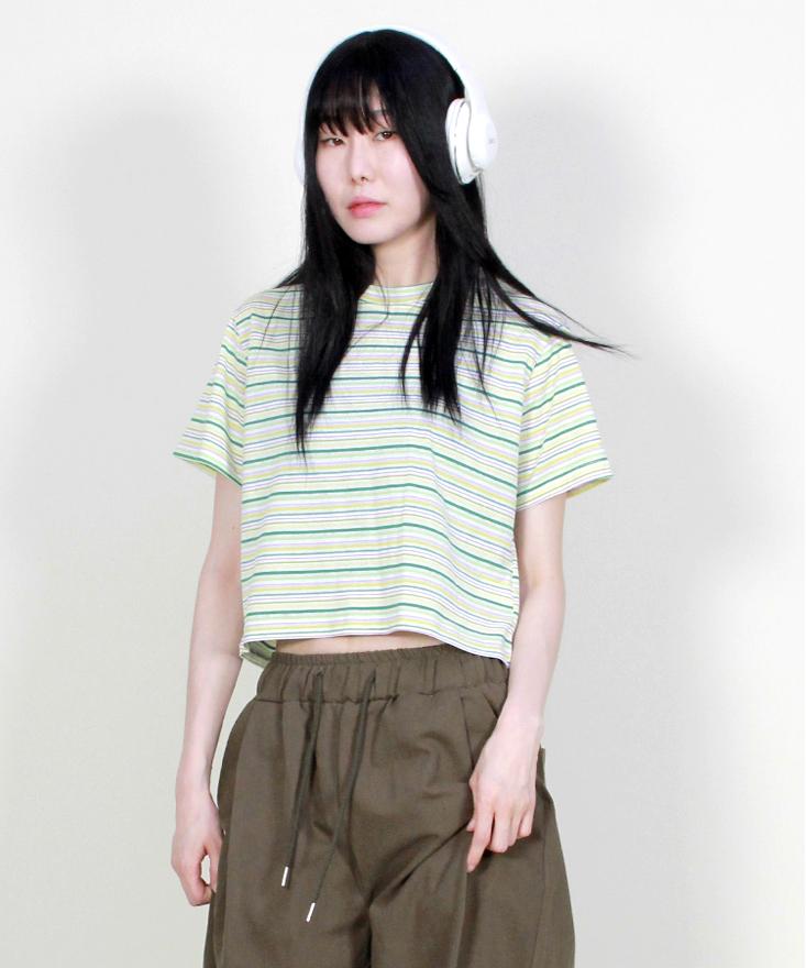 Deumakeu Multi-Stripe Crop Short Sleeve T-Shirt Yallo