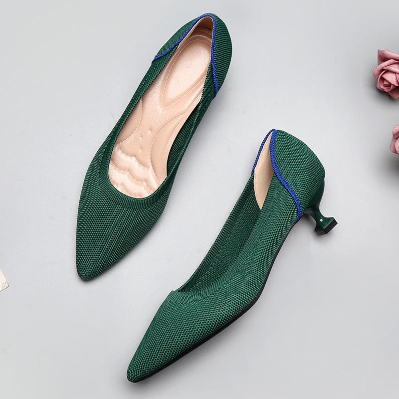 Spring and Autumn Flying Knitted Single Shoes Middle Heel Knitted Flying Thread Knitted Thin Heel Cat Heel Ladle Shoes