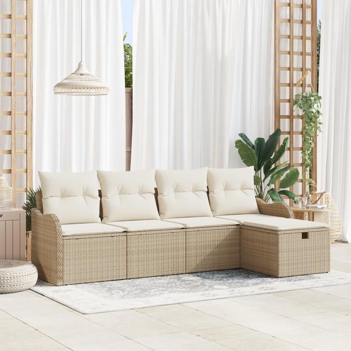 Ensemble de Canapés de Jardin 5 pièces avec Coussins Beige Poly Rattan, Canapé de Jardin 2 places avec Coussins Beige Poly 3358960