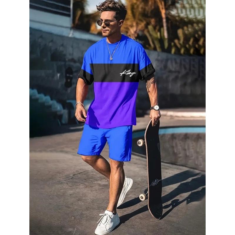 Men's Fashion Suit Harajuku Style Short-sleeved T-shirt + Shorts Two-piece Set Men's Trendy Sportswear Plus Size Casual Menswear