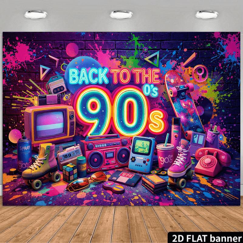 A background scene featuring a flat mirror, with a neon light saying  Revisit the 1990s  shining in the center of the picture. (as the picture,100x150cm)