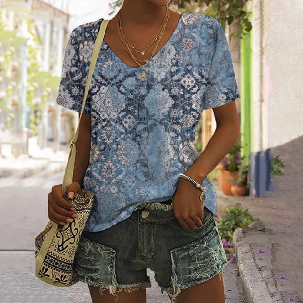 3D V Neck T Shirt Vintage Women Mixed Floral Pattern Print Summer Ladies Shirt Tops Street Trend Loose Plus Size Ladies Tops