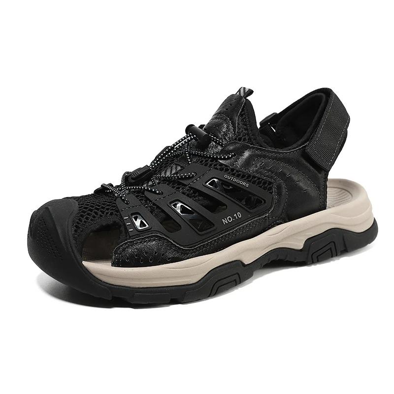 

Fashion High Quality 2025 New Outdoor Casual Leather Sandals Summer Waterproof Waterproof Sandals Casual Non-Slip Quick Dry Beach Shoes 38 чёрный