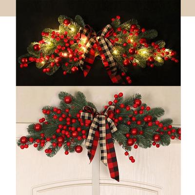 Red Fruit Plaid Knot Christmas Decoration Door Lintel With Lights Christmas Home Decoration Pendant