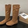 Comemore Khaki Retro Women's Long Boots Autumn Suede Solid Flat Bottom Ladies Shoes Belt Buckle Round Toe Knee High Knight Botas