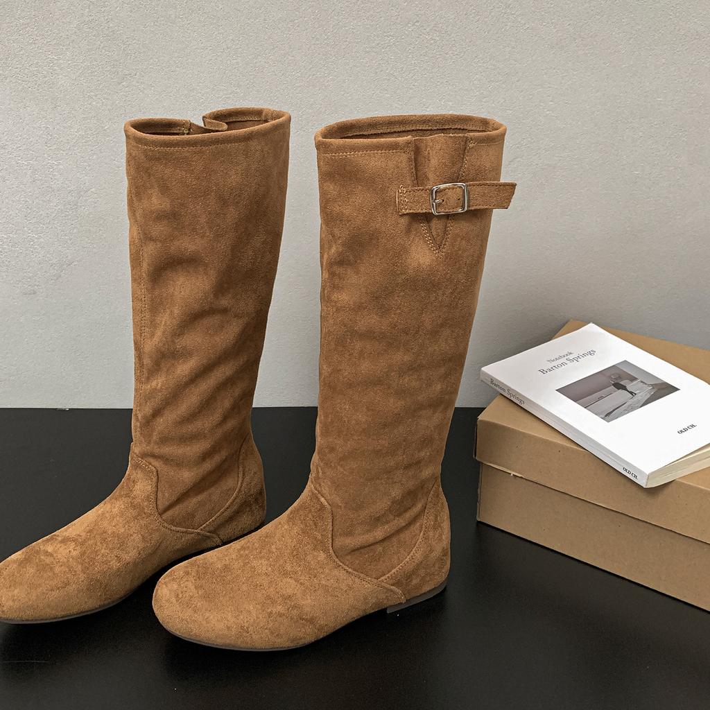 Comemore Khaki Retro Women's Long Boots Autumn Suede Solid Flat Bottom Ladies Shoes Belt Buckle Round Toe Knee High Knight Botas