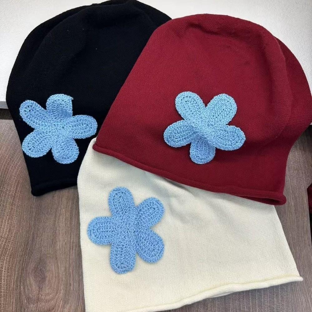 Flower Patch Knitted Hat Korean Style Ear Warmer Fashion Pullover Cap Autumn Winter