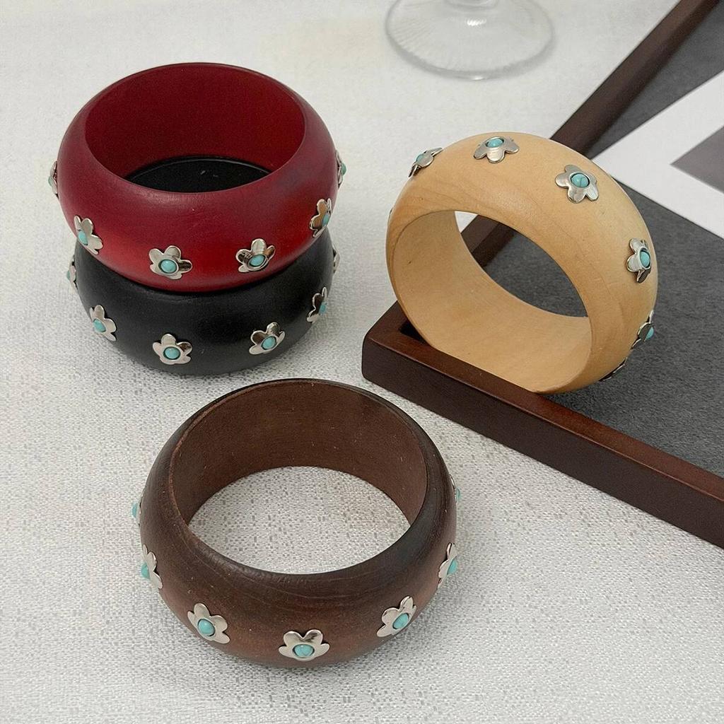 SHIXIN Vintage Inlaid Turquoise Stone Geometric Chunky Bangle Women Bohemian Wood Stackable Wide Bracelets Jewelry Accessories