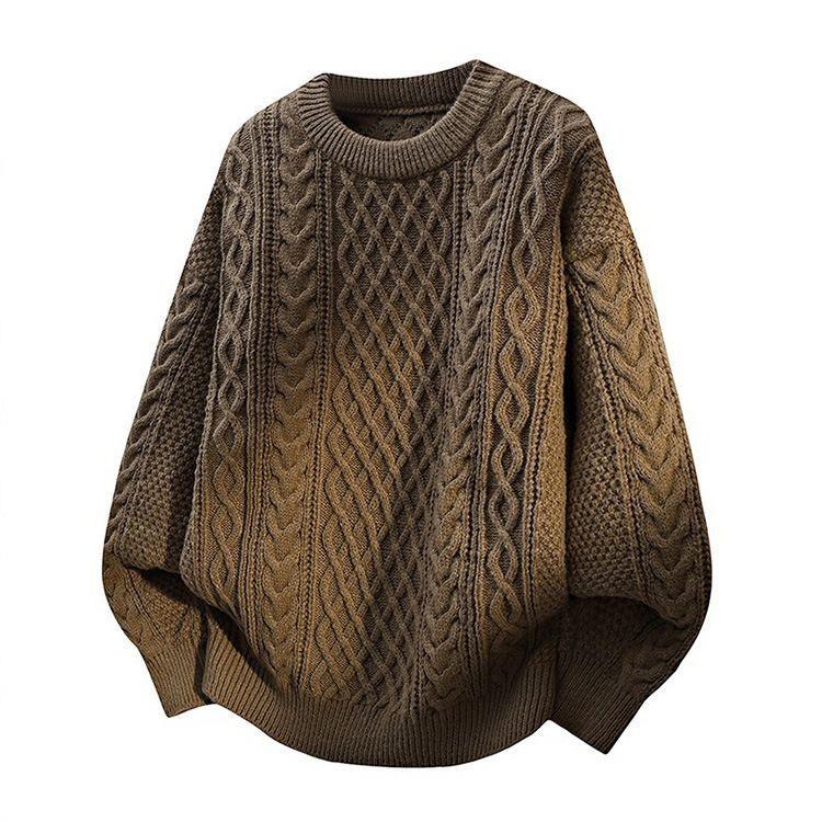 Unisex Twisted Round Neck Cable Knit Sweater - Cozy Winter Korean Style Pullover M коричневый