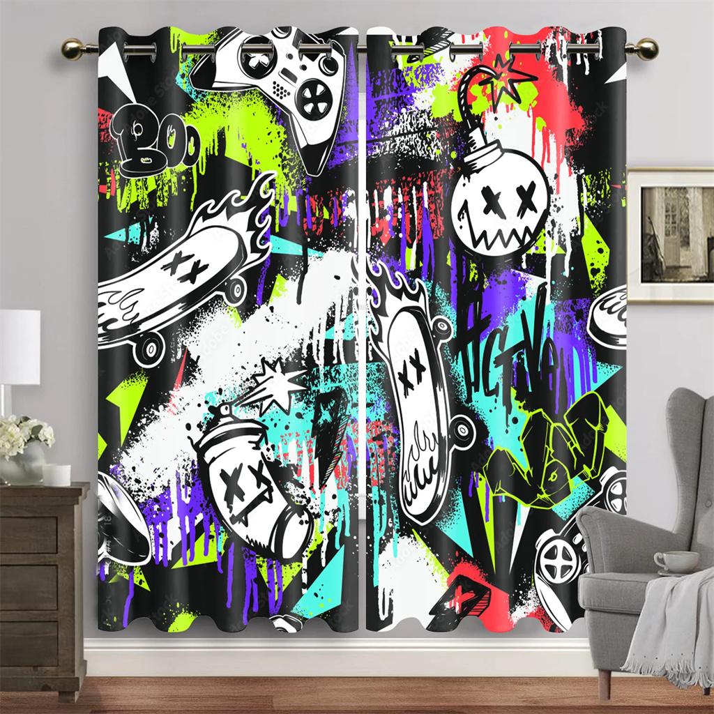 Animated Gamepad Switch Drapes designed for Boys Bedroom Space Graffiti Words Video Games Window Drapes Game Players Living Room Decoration