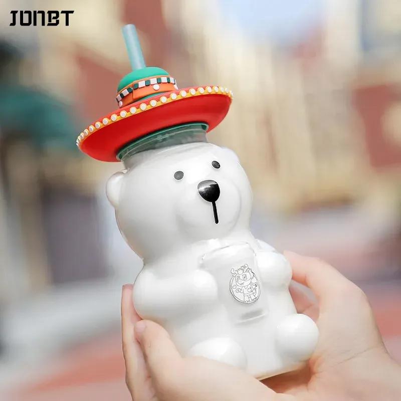 Kids Cute Bear Glass Cup For Starbucks Milk Coffee Mugs Transparent Glasses Juice Straw Water Bottle With Silicone Lid Drinkware