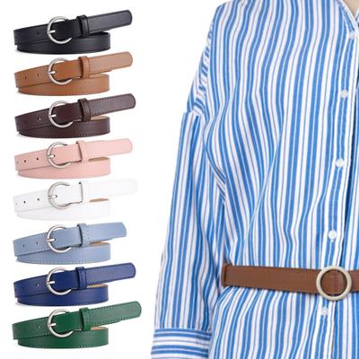 Women Belt Multi Holes Adjustable Length Round Buckle Faux Leather Waistband Dresses Shirts Sweaters Jeans Thin Belt