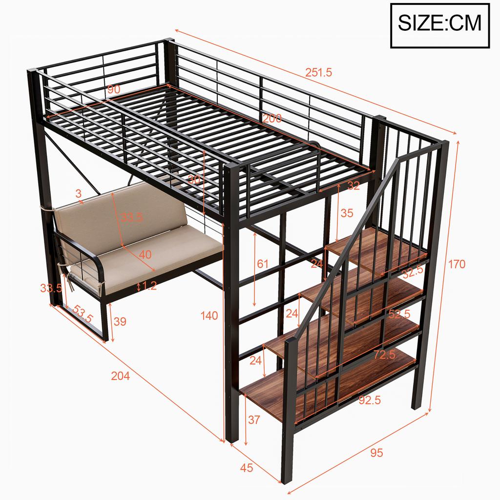 Etagenbett (90 x 200) mit stabilem Metallrahmen, abnehmbarem Polstersofa, Stauraum und Sicherheitstreppe. Geeignet für Kinder und Erwachsene. Schwarz.