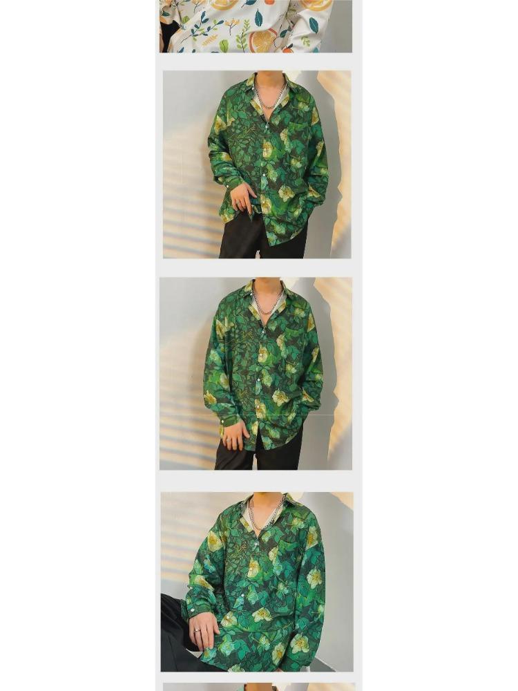 Men Spring Autumn Retro Jacket Trendy Korean Hong Kong Japanese Style Floral Shirt