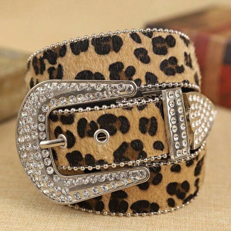 Women  Solid /Leopard Print Studded  Belt Pu Leather Bling  Adjustable Glitter Waistband For Club Party