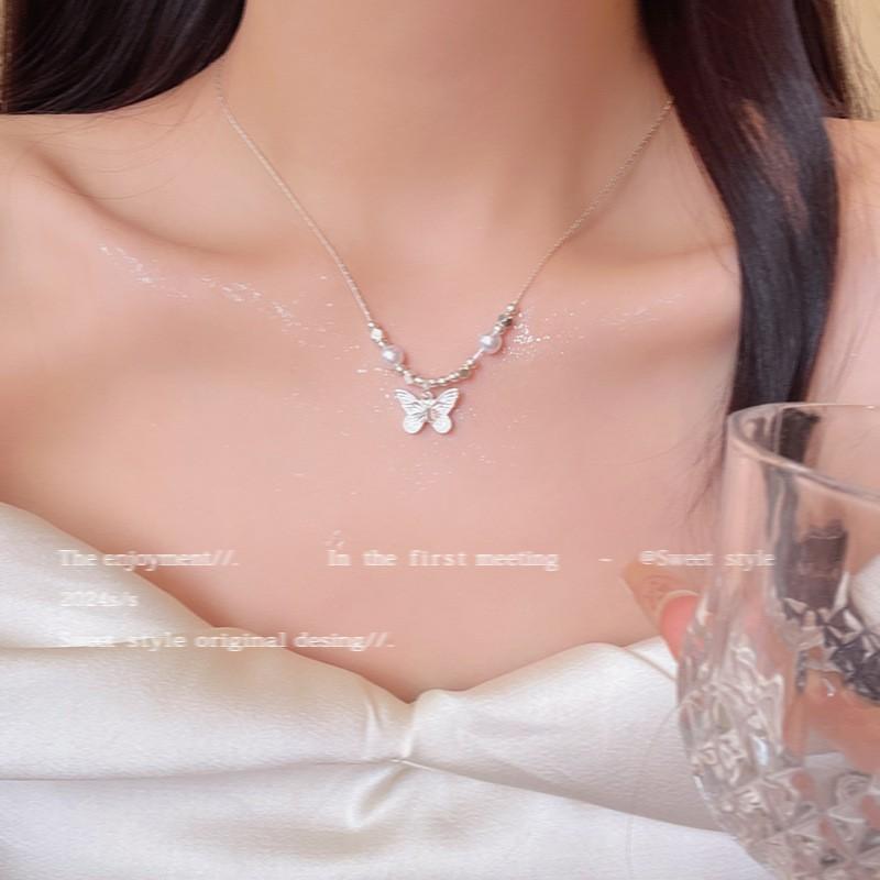 Korean Style Pearl Butterfly Necklace Women Luxury Lightweight Versatile Sweater Chain Jewelry