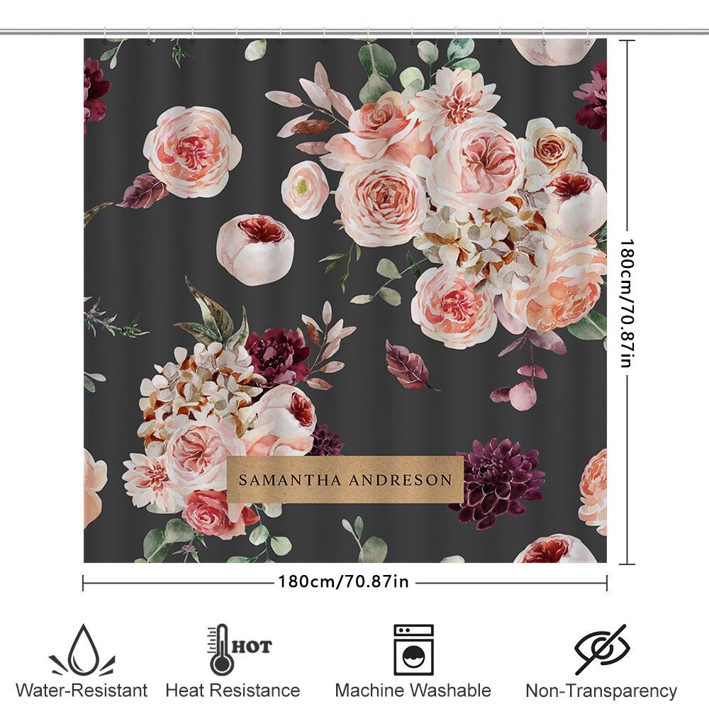 Pink Floral Bath Shower Curtain Set with Personalized Name for Bathroom Decor Black Background Waterproof Fabric Customizable Si