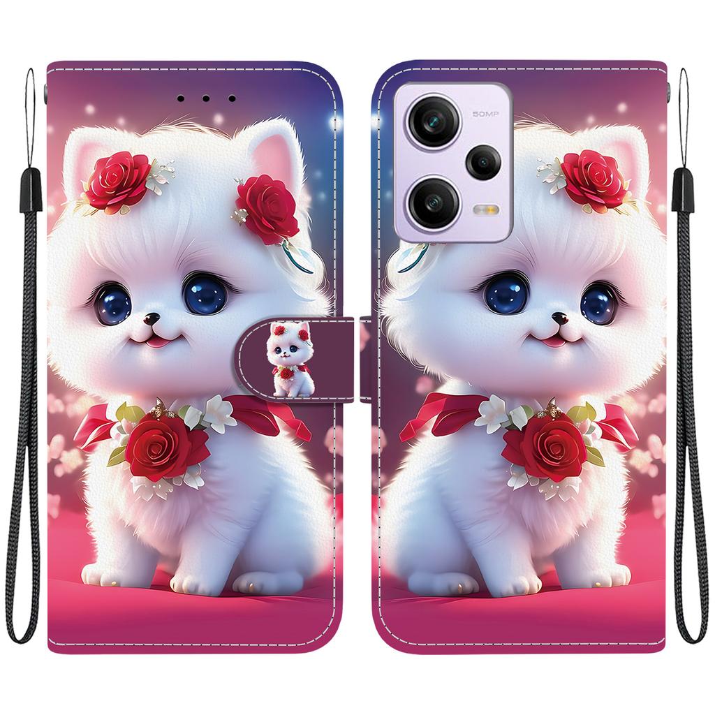Handmade PU Leather Flip Case for Redmi Note 12 Pro/Xiaomi Poco X5 Pro Anti-Slip Shockproof Cover with Wrist Strap & Heart/Rose Cat Designs