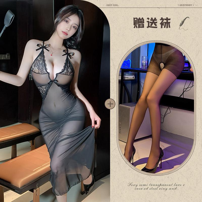 Sexy long dress sexy underwear perspective deep V lace dress night OL professional uniform tight