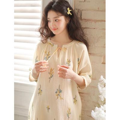 Spring New Summer Thin Nightgown Women's Pure Cotton Double-layer Cotton Yarn Seven-quarter Sleeve Loose Large Size Medium and Long Skirt Can