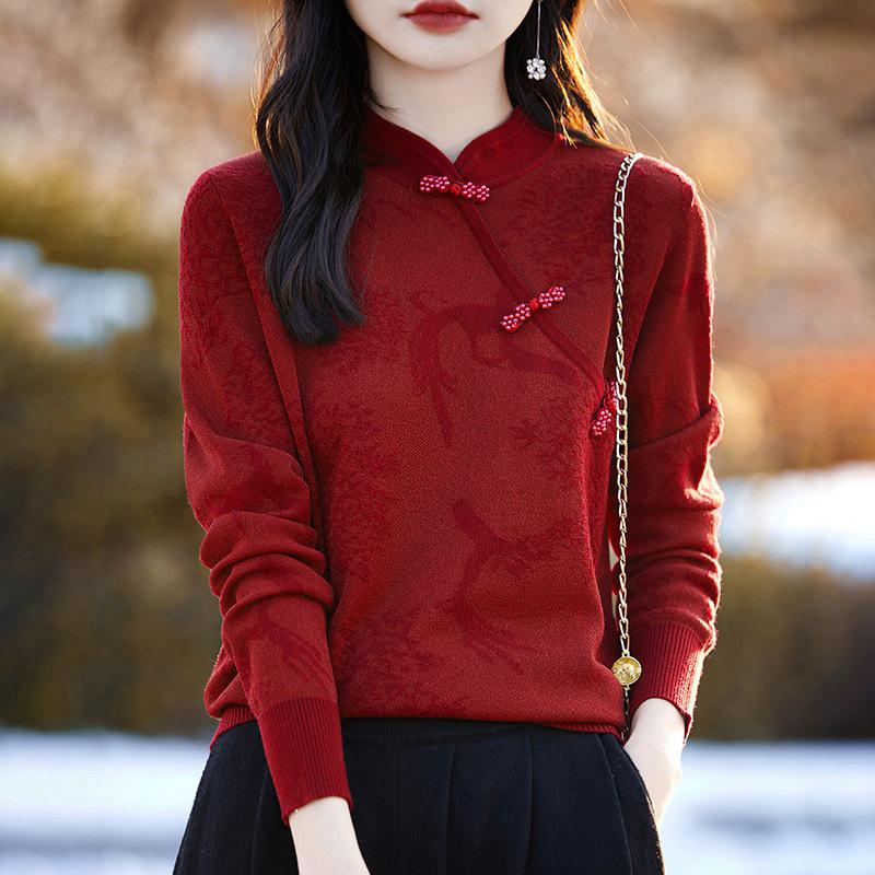 

Women s Three-Dimensional Floral Chinese Style Cheongsam Collared Knitted Wool Top M (Recommended for 85-105 lbs)