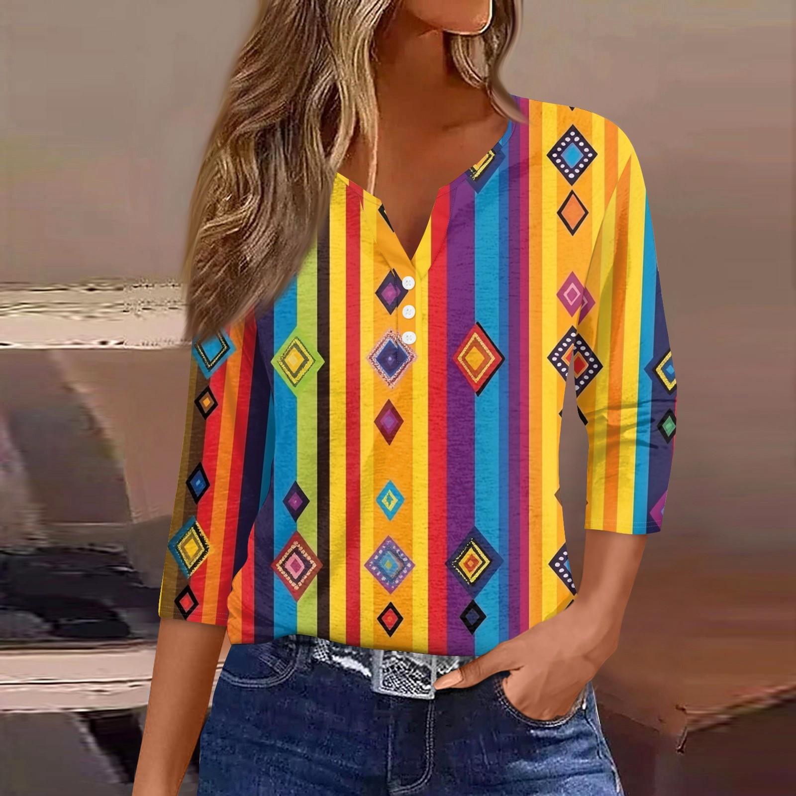 

Женская модная повседневная футболка с V-образным вырезом и рукавом семь четвертей, топ с карнавальным принтом и пуговицами XL жёлтый