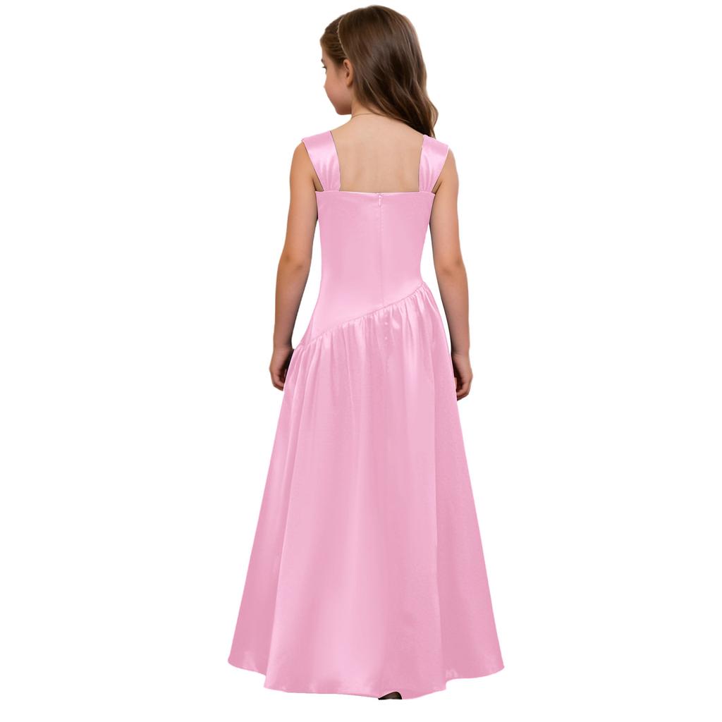 Robe de Soirée Satinée Fleurie pour Fille Sans Manches Corsage Froncé Taille Basse Asymétrique Robe Coupe A Ligne Fente Latérale pour Mariage Baptême