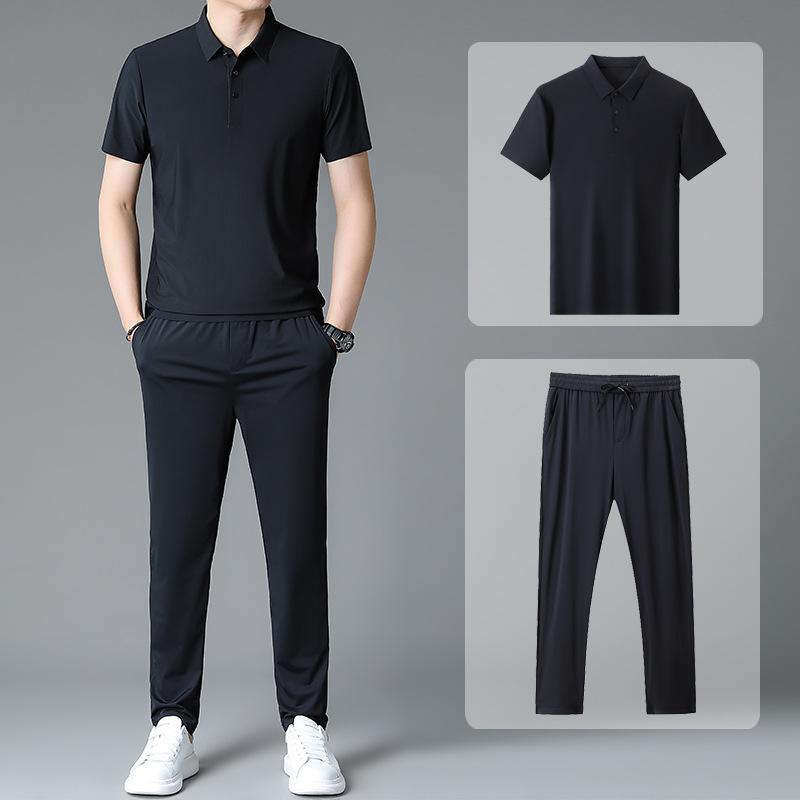 Summer Men's Sports and Leisure Suit Short-sleeved Trousers Home Ice Silk 2-piece Suit