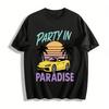 Party In Paradise Print T-shirt Retro Convertible Car Coconut Tree Sunset Vacation Top For Men Women Pure Cotton T-shirt