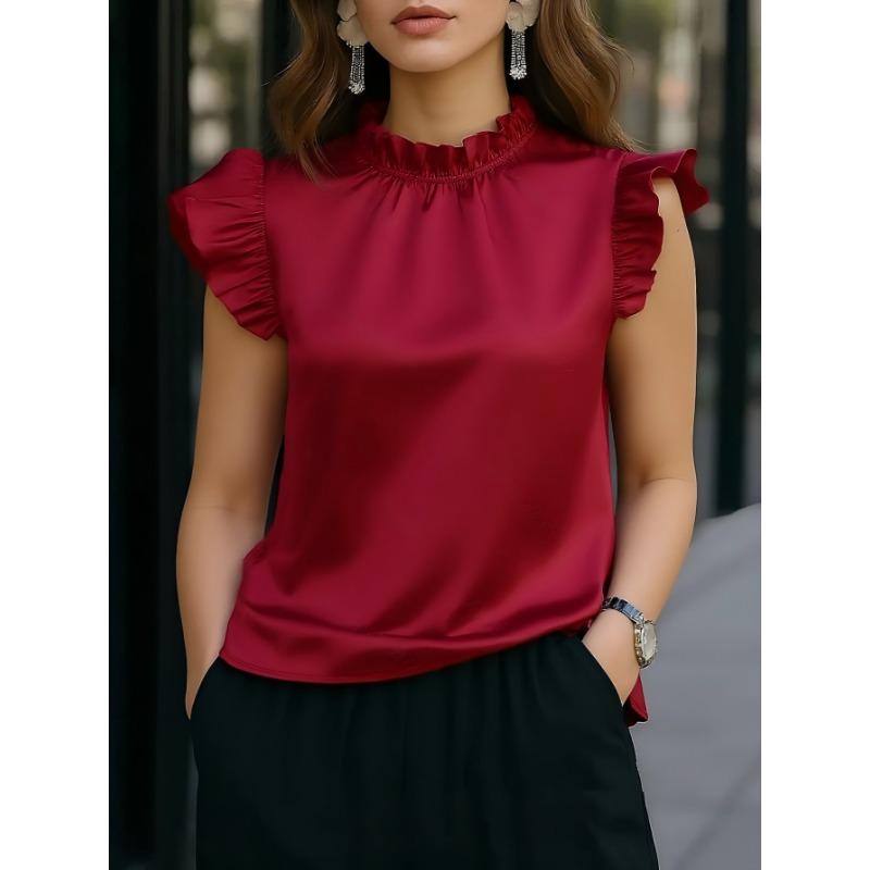 Women's Elegant Ruffle Trim Blouse Sleeveless Mock Neck Solid Color Casual Commuter Top