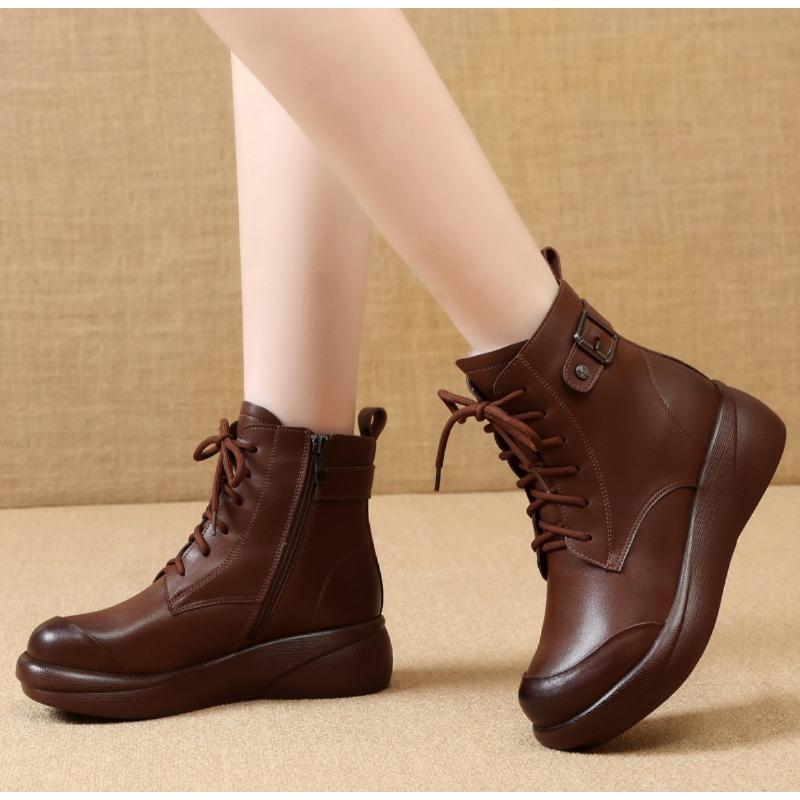 Women's Retro Chunky Sole Martin Boots Soft Leather Lace Up Ankle Boots with Buckle,Plush Lined for Autumn Winter,Round Toe Platform Booties