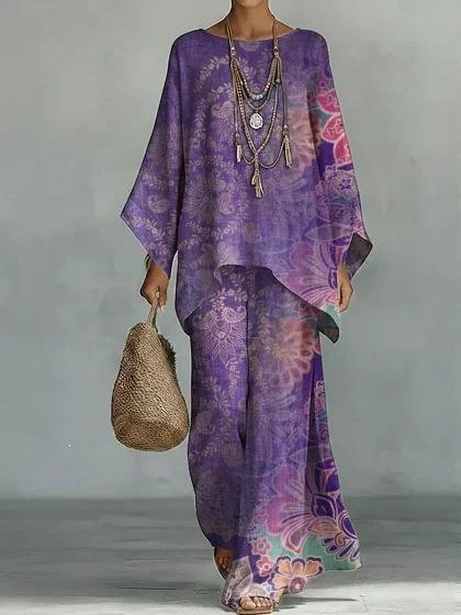Y116 Summer Bohemian Paisley Printed Two-piece Set Large Size Casual Set