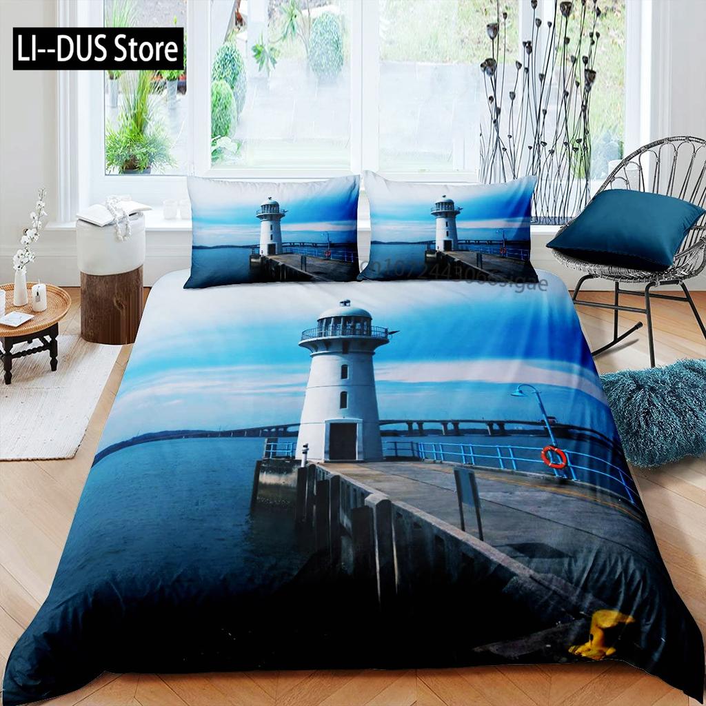 Lighthouse Duvet Cover Set Nautical Surfing Ocean Wave Bedding Set Queen Polyester Coastal Nature Theme Quilt Cover For Kids Boy