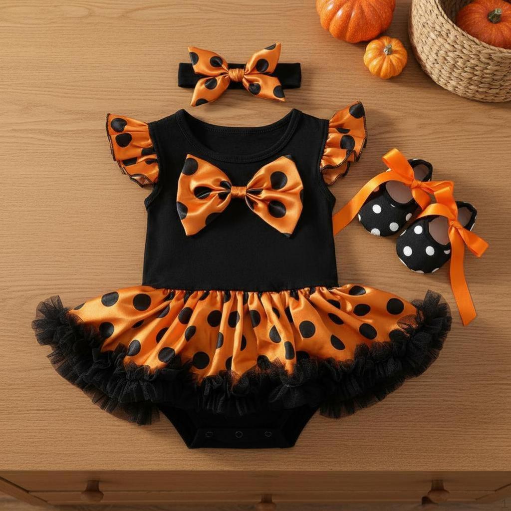 3 Pieces Fluttering Sleeve Tutu Romper Voluminous Tulle Skirt Infant Girl Halloween Costume