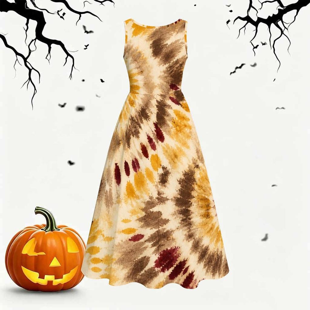 Women Plus Size Round Neck Sleeveless Abstract Printed Tie Waist A Line Long Dress