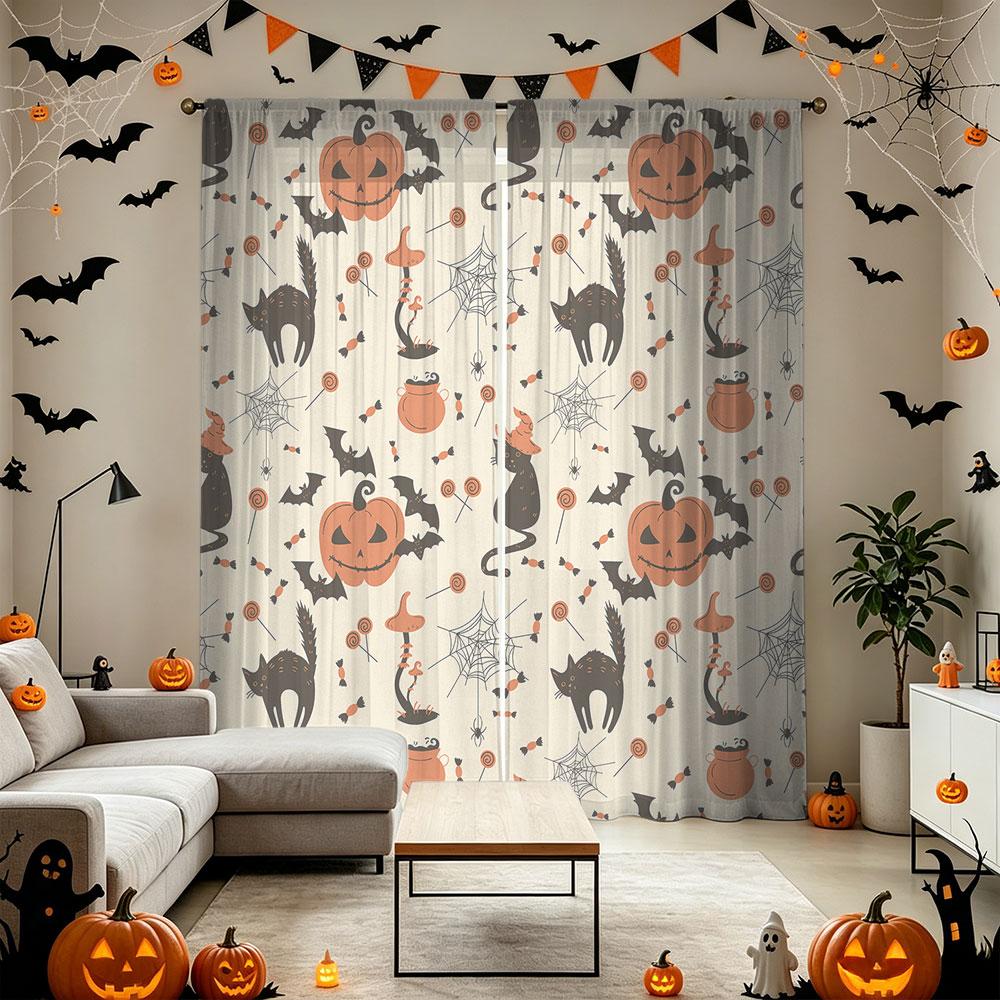 2Pcs Halloween Pumpkin Black Cat Bat Seamless Pattern Rod Pocket Curtains Double Sided Window Drapes Light Filtering Privacy