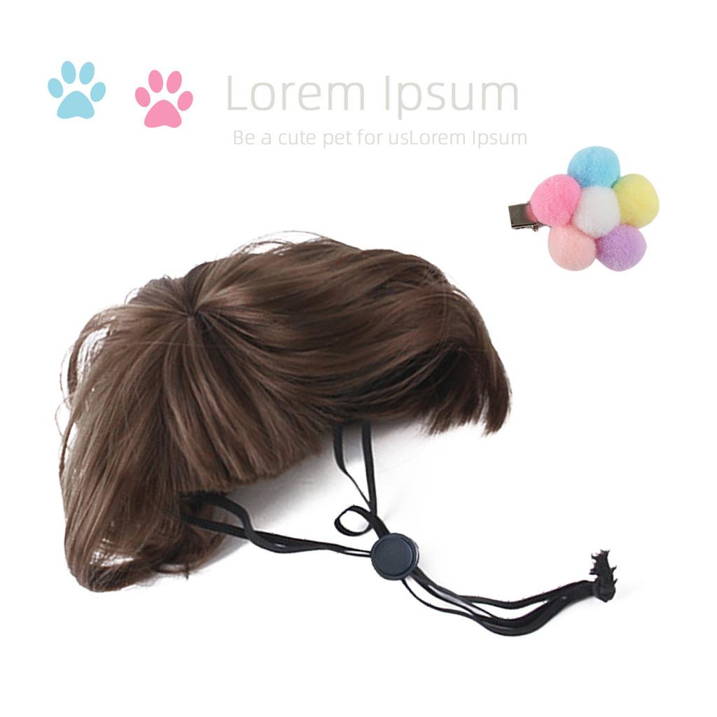 Stylish Pet Wig Accessory Set For Dogs With Cute Brown Bob Hairstyle And Floral Hairpins