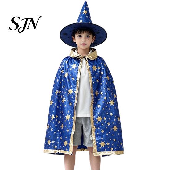 Mantello da Mago a Stelle per Bambini con Cappello per Ragazzi e Ragazze, Strega di Halloween Comodo Vestito Largo Costume di Scena Party Cosplay,