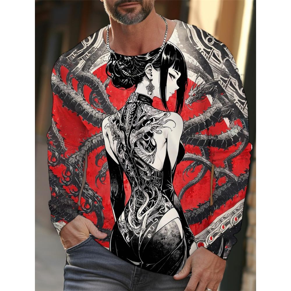 new men's long-sleeved T-shirt 3D printing HD anime tattoo beauty printing men's autumn tops casual round neck home clothes