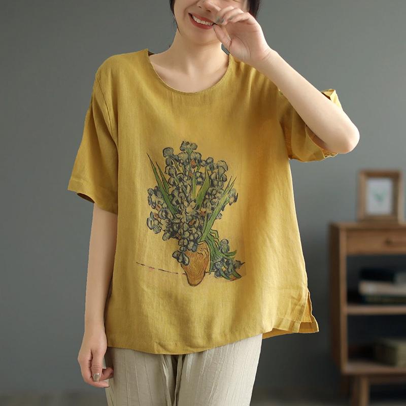 Tops Women Cotton Summer Large Size T-shirt Crew Neck Loose Printed Casual Pullover T-shirt Top