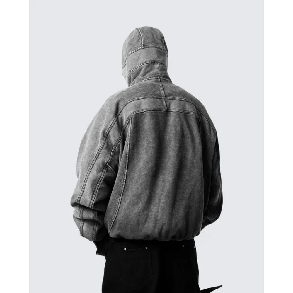 RogueWave Classic Balaclava Hoodie Men Washed Gray Ninja Pullover Sweatshirt Hip Hop Splicing Y2k Vintage Winter Streetwear Couple Tops