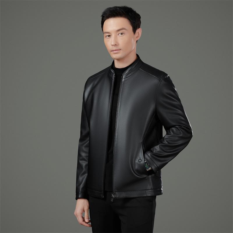 Men's Middle-Aged Business Casual Sheepskin Leather Jacket with Stand Collar and Plus Velvet Lining