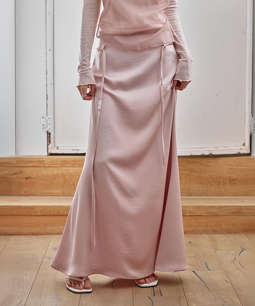 Leondeondada Glossy Satin Long Skirt, Soft Pink
