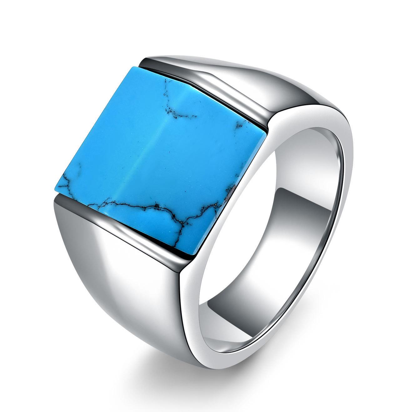 13MM Turquoise Inlaid Retro Square Geometric Stainless Steel Ring for Men Size 11