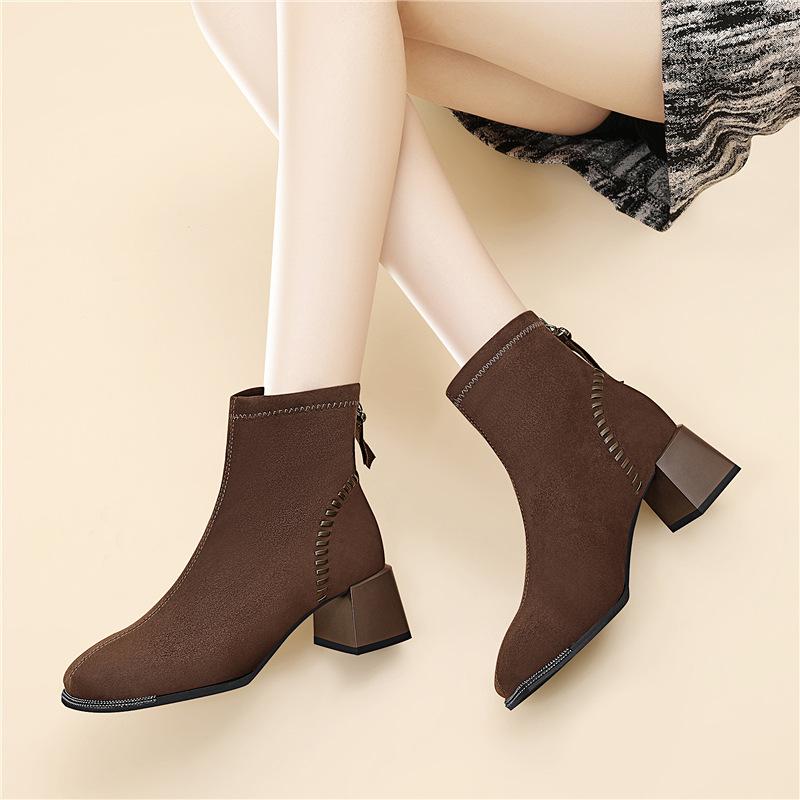 Autumn and Winter New Black Velvet Thick-heeled Short Boots Suede Thin Boots Square High-heeled Chelsea Boots Cotton Shoes