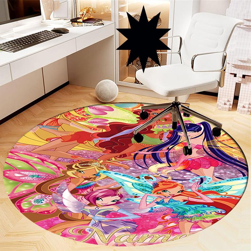 Custom Name Winx Club Printed Round Rug Carpet Chair Rug Area Rug Entryway Doormats,for Office Chair Living Room Bedroom Kitchen Room.