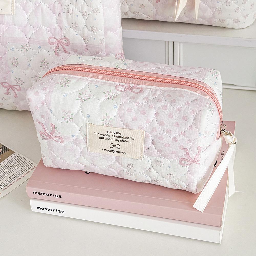 

Quilting Cotton Floral Cosmetic Pouch Tote Pink Floral Bowknot Ins Style Women s Toiletry Bag Large Capacity Zipper